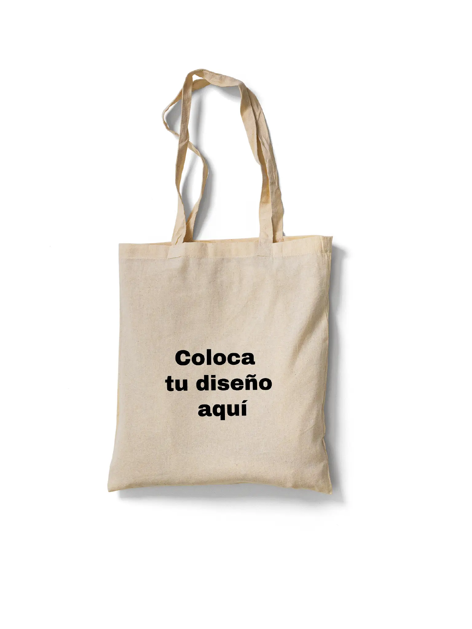 Bolsa de tela reutilizable de color beige claro con asas, mostrando el texto "Coloca tu diseño aquí" en negro.