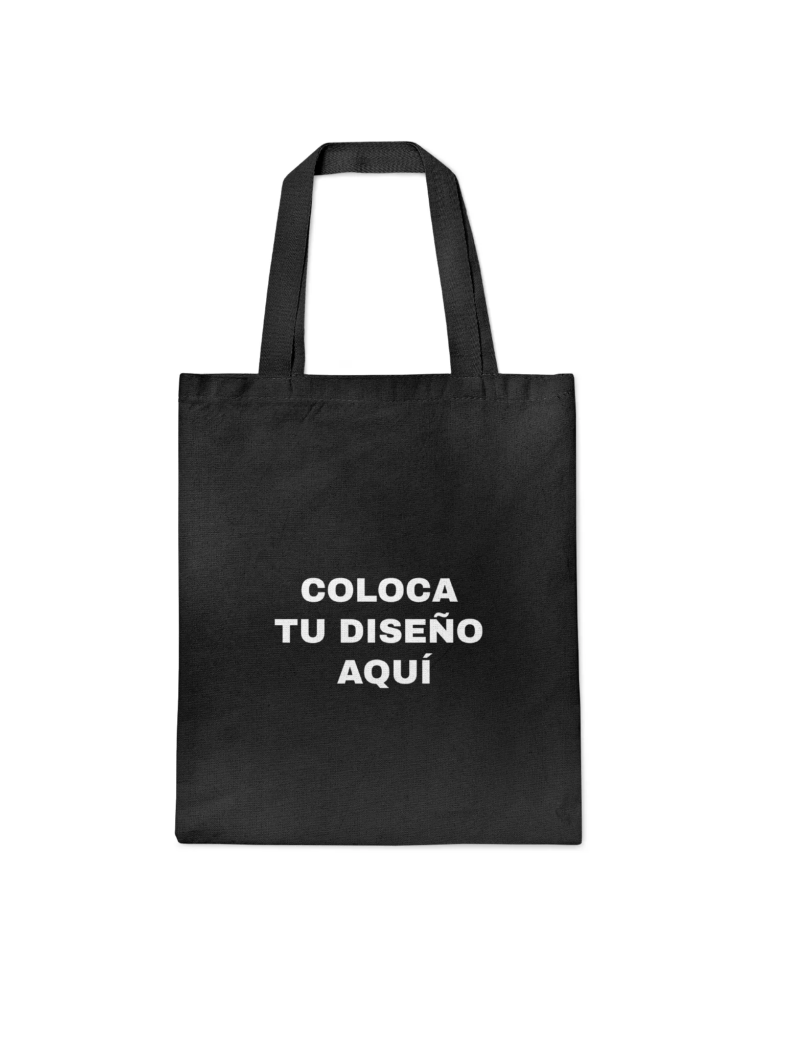 Bolsa de tela de algodón negra reutilizable con asas, mostrando el texto "Coloca tu diseño aquí" en blanco y un icono de flecha.
