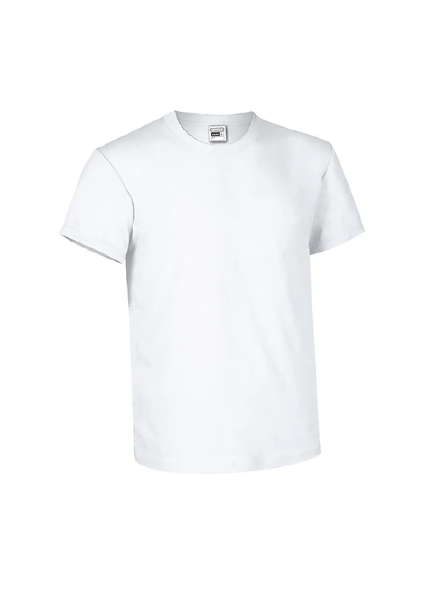 Camiseta blanca básica personalizable de manga corta, ideal para imprimir diseños o logos. Perfecta para crear tu propia camiseta personalizada.